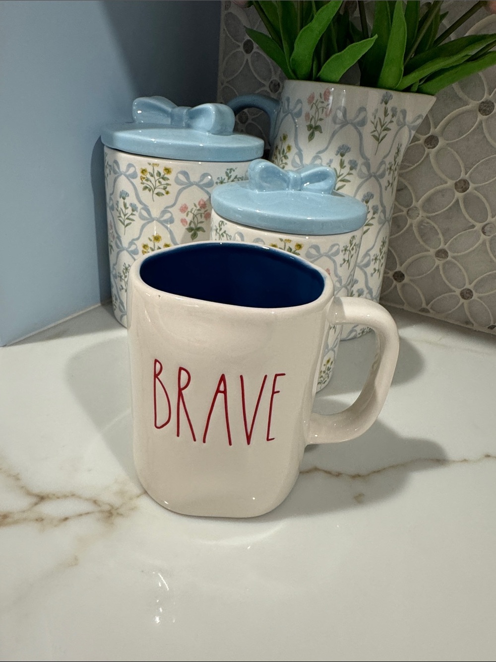 Rae Dunn BRAVE Ceramic Coffee Mug in White with Blue Interior